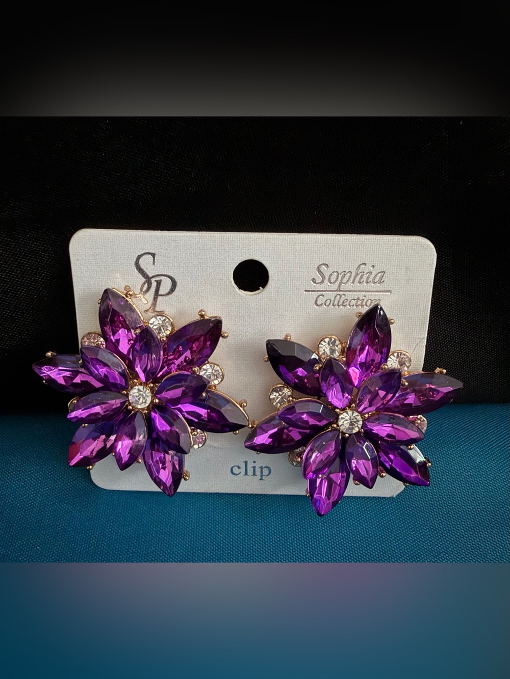 Sophia Collection Purple Crystal Flower Clip-On Earrings
